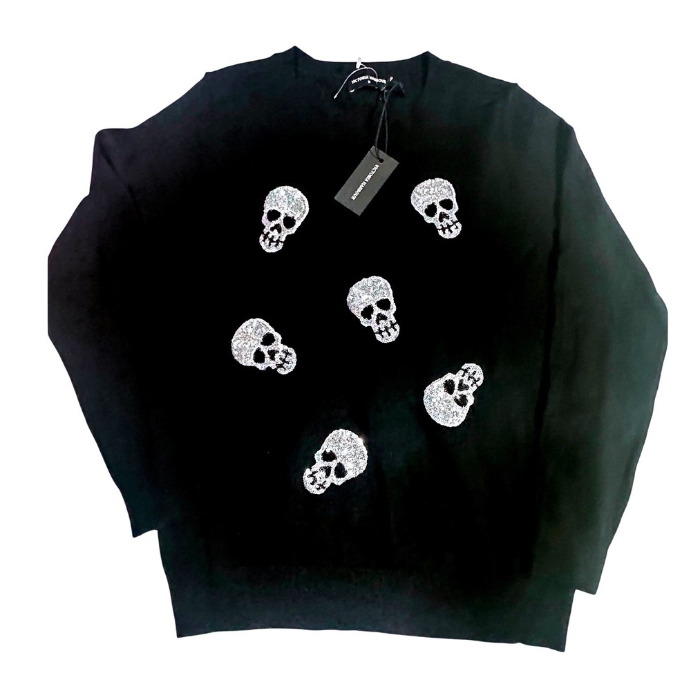 Victoria Harbour Black Sequin Skull Sweater Womens Medium NWT